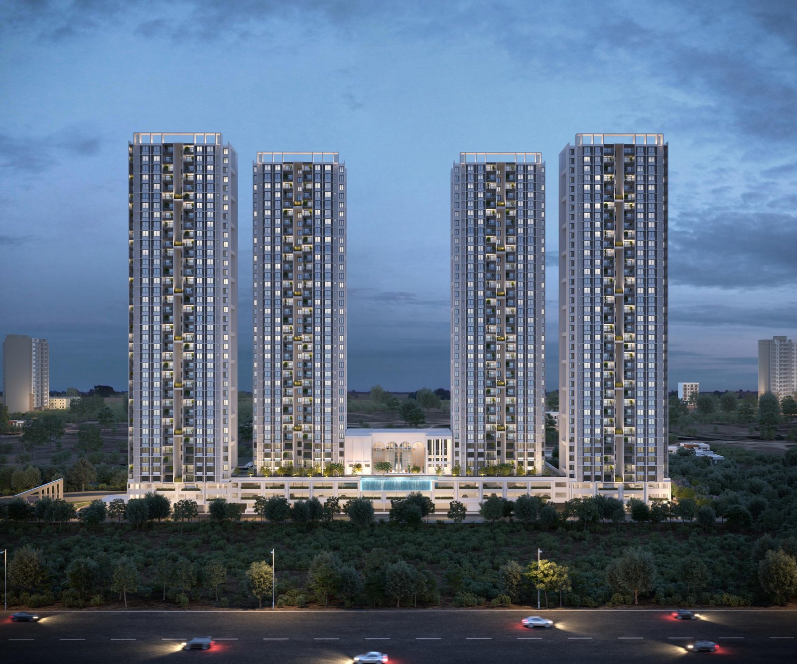 Exterior view of Embassy Lake Terraces showing modern architecture with lush greenery and towers